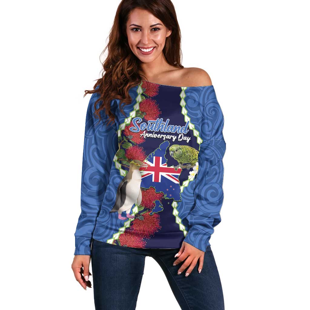 Southland Anniversary Day Off Shoulder Sweater Murihiku 1861 Maori Bird Mix Pohutukawa LT14 Women Blue - Polynesian Pride