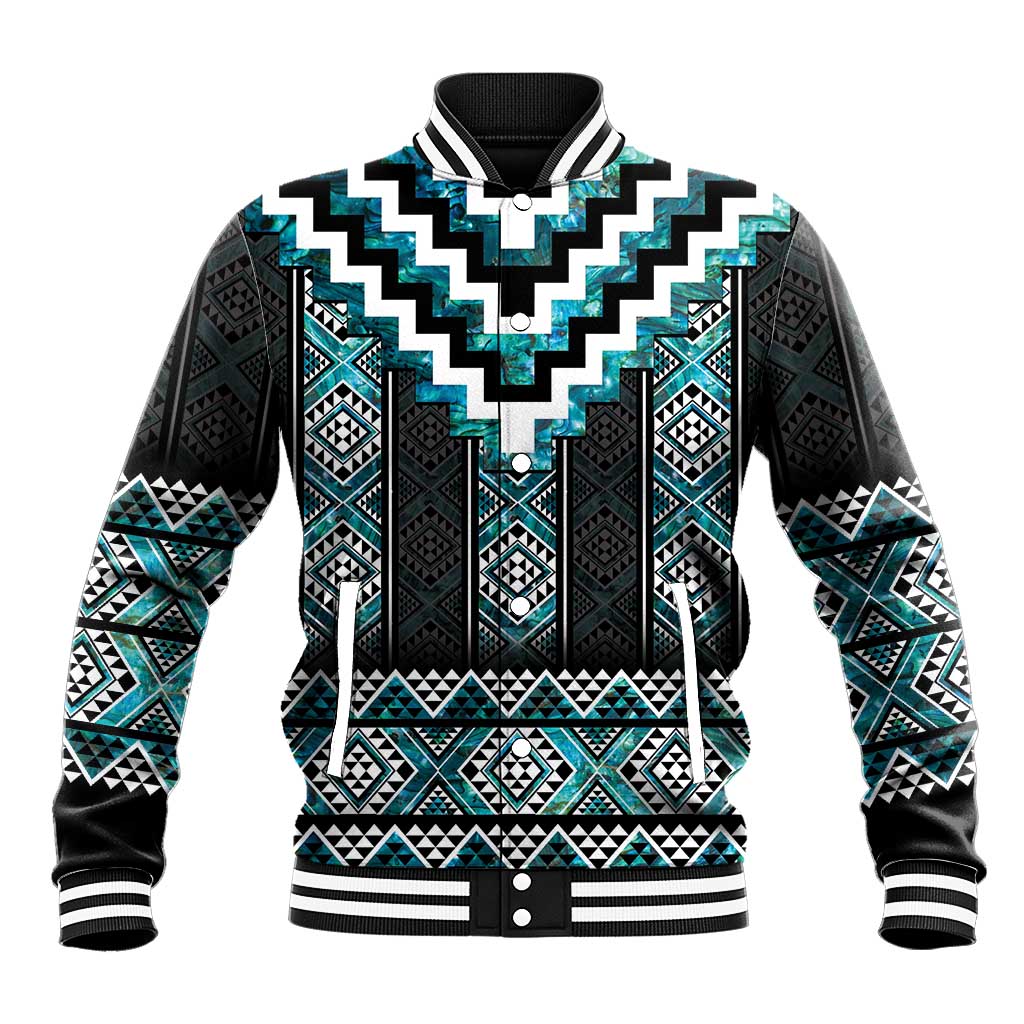 Paua Shell Taniko Pattern Aotearoa Baseball Jacket Niho Taniwha Mix Poutama LT14 Unisex Turquoise - Polynesian Pride