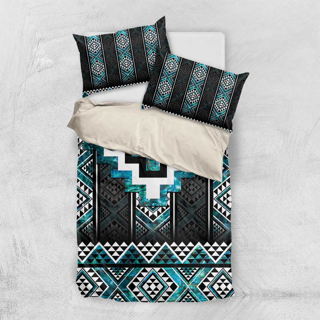Paua Shell Taniko Pattern Aotearoa Bedding Set Niho Taniwha Mix Poutama LT14 US Twin 172cm x 218cm Turquoise - Polynesian Pride