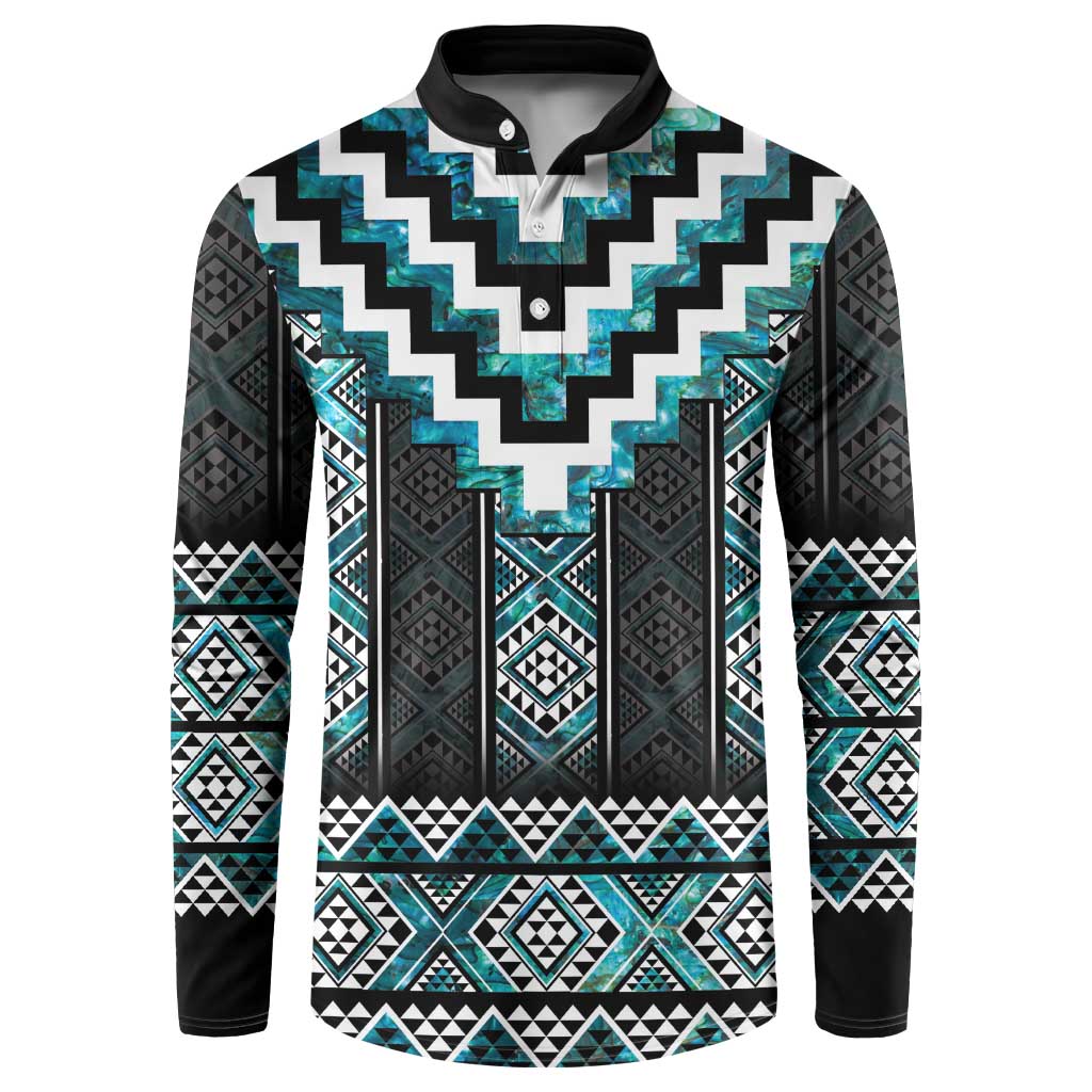 Paua Shell Taniko Pattern Aotearoa Button Sweatshirt Niho Taniwha Mix Poutama LT14 Turquoise - Polynesian Pride