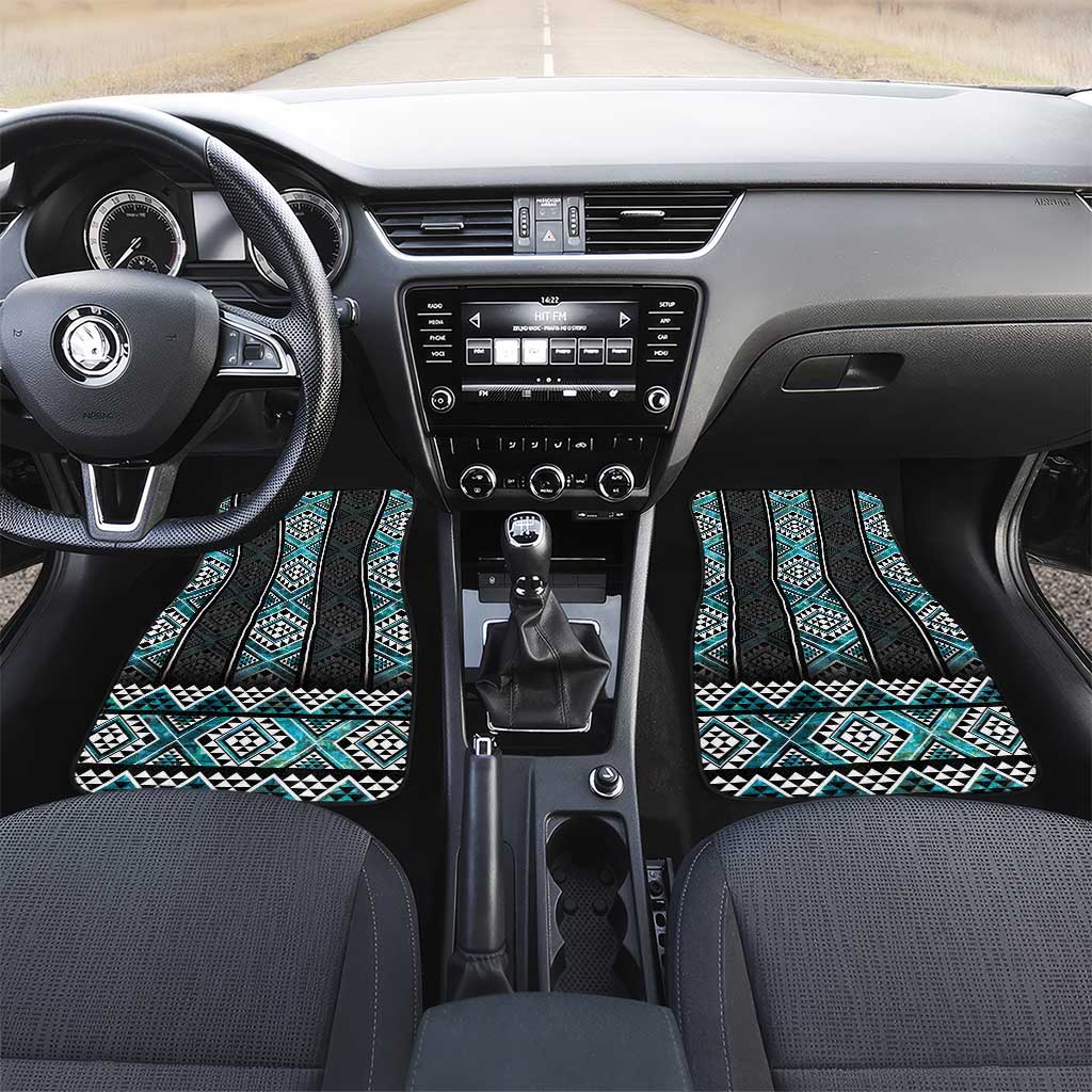 Paua Shell Taniko Pattern Aotearoa Car Mats Niho Taniwha Mix Poutama LT14 Set 2pcs - Front Turquoise - Polynesian Pride