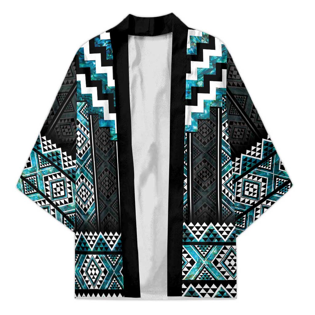 Paua Shell Taniko Pattern Aotearoa Kimono Niho Taniwha Mix Poutama LT14 Unisex Turquoise - Polynesian Pride