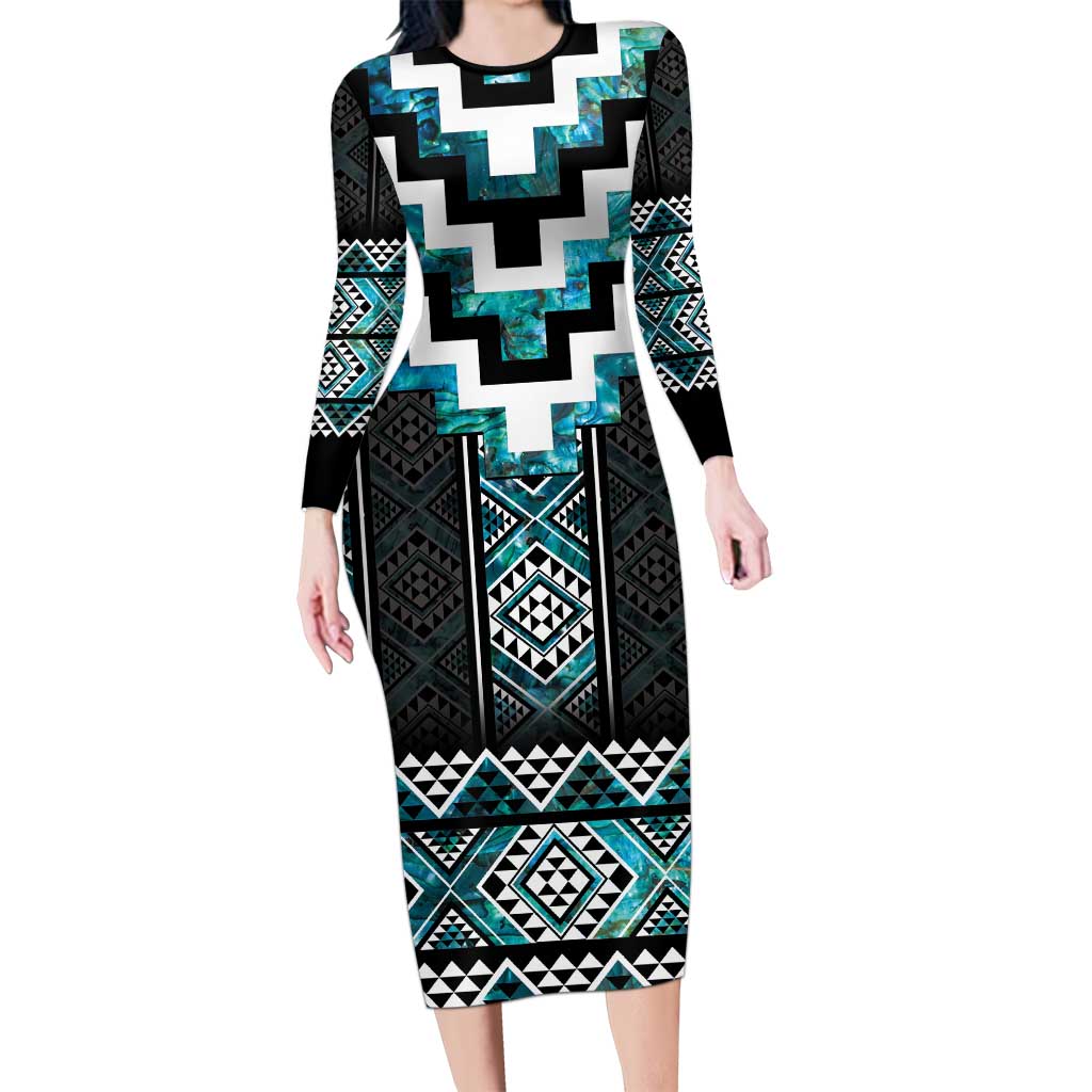 Paua Shell Taniko Pattern Aotearoa Long Sleeve Bodycon Dress Niho Taniwha Mix Poutama LT14 Long Dress Turquoise - Polynesian Pride