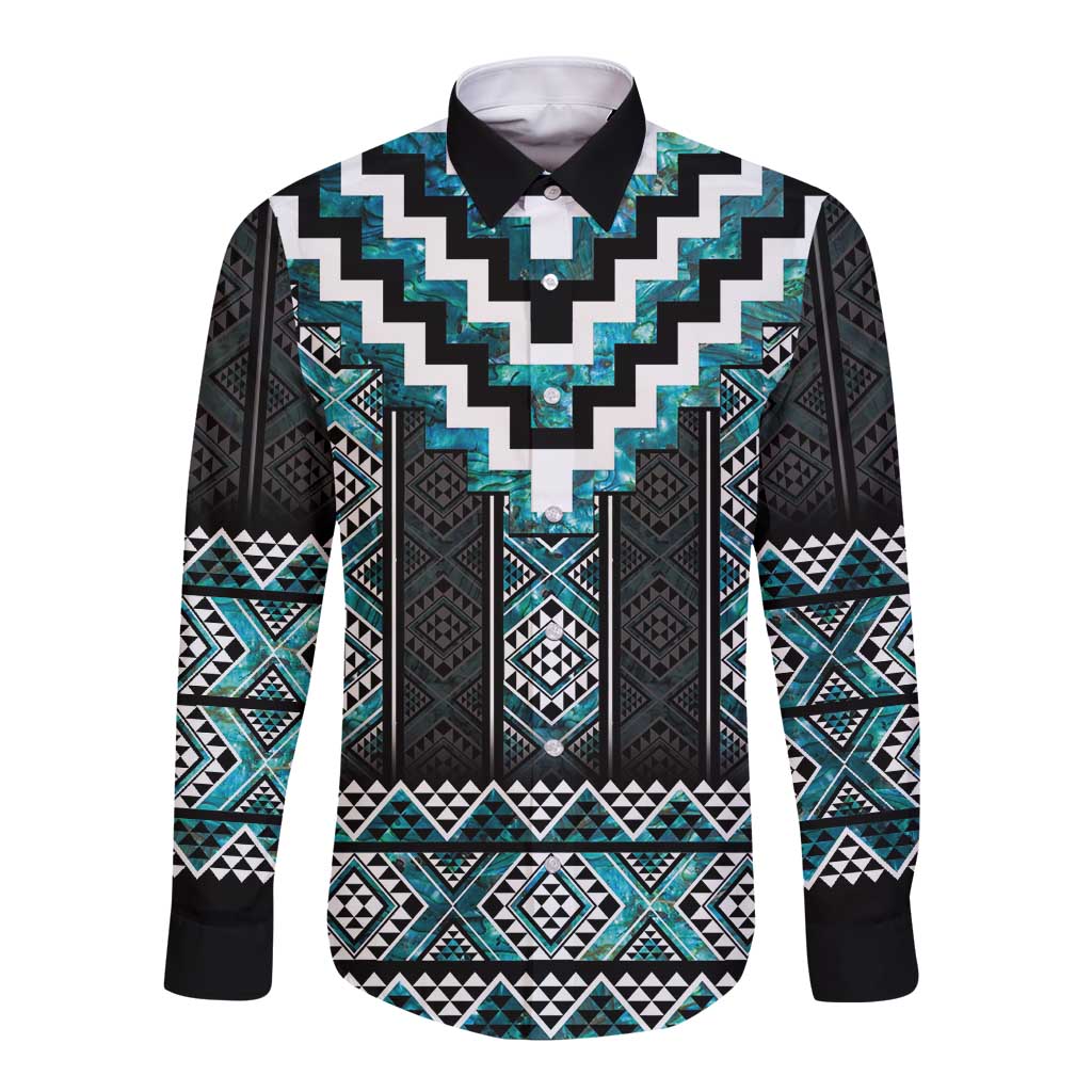 Paua Shell Taniko Pattern Aotearoa Long Sleeve Button Shirt Niho Taniwha Mix Poutama LT14 Unisex Turquoise - Polynesian Pride