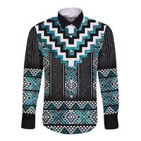 Paua Shell Taniko Pattern Aotearoa Long Sleeve Button Shirt Niho Taniwha Mix Poutama LT14 Unisex Turquoise - Polynesian Pride