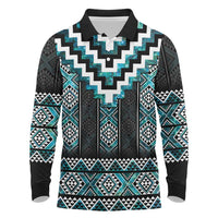 Paua Shell Taniko Pattern Aotearoa Long Sleeve Polo Shirt Niho Taniwha Mix Poutama LT14 Turquoise - Polynesian Pride