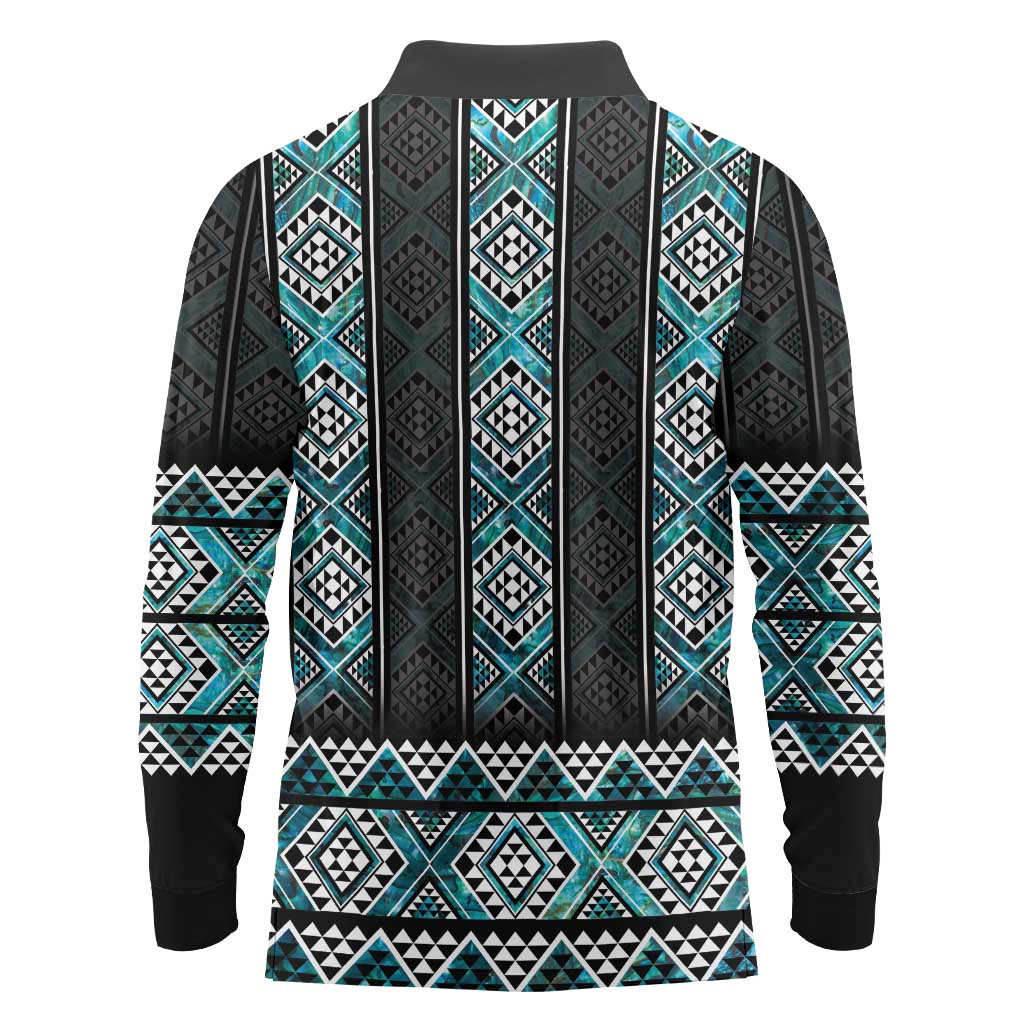 Paua Shell Taniko Pattern Aotearoa Long Sleeve Polo Shirt Niho Taniwha Mix Poutama LT14 - Polynesian Pride