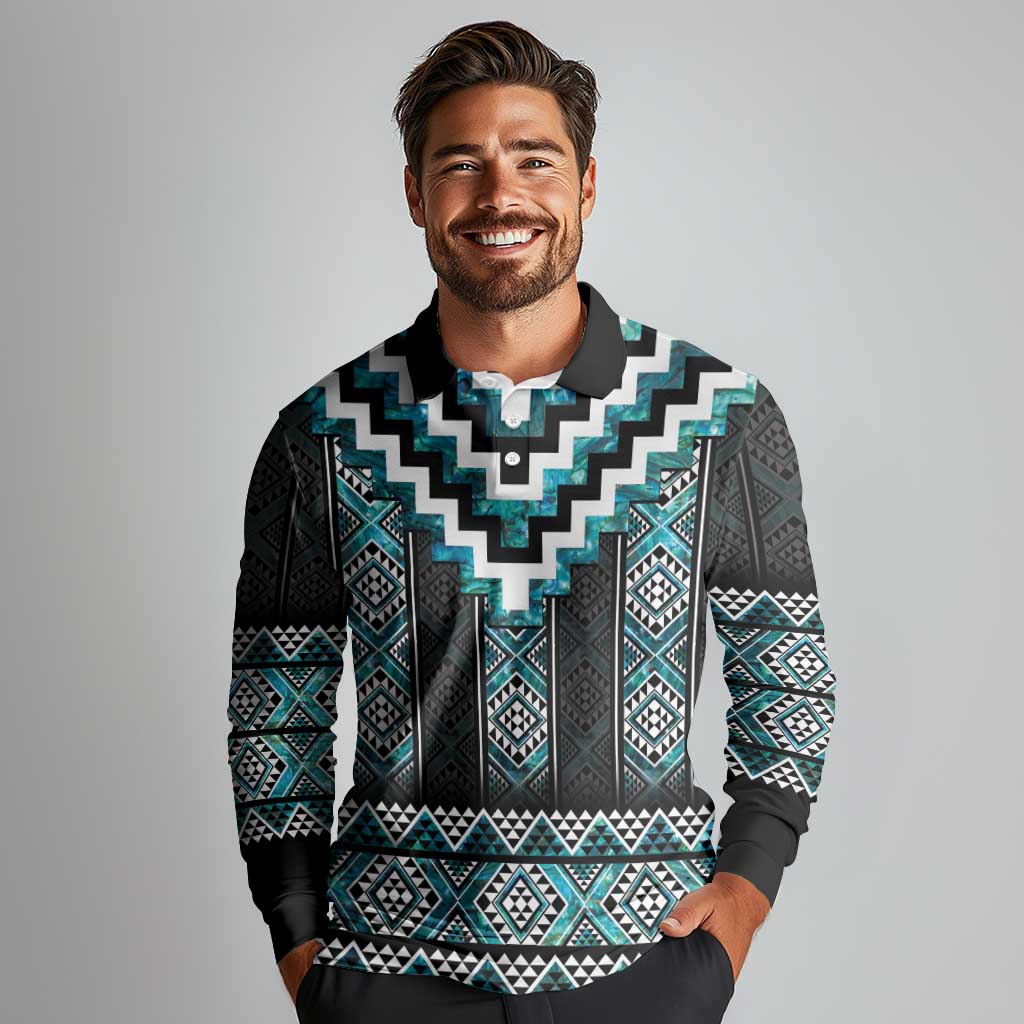 Paua Shell Taniko Pattern Aotearoa Long Sleeve Polo Shirt Niho Taniwha Mix Poutama LT14 - Polynesian Pride