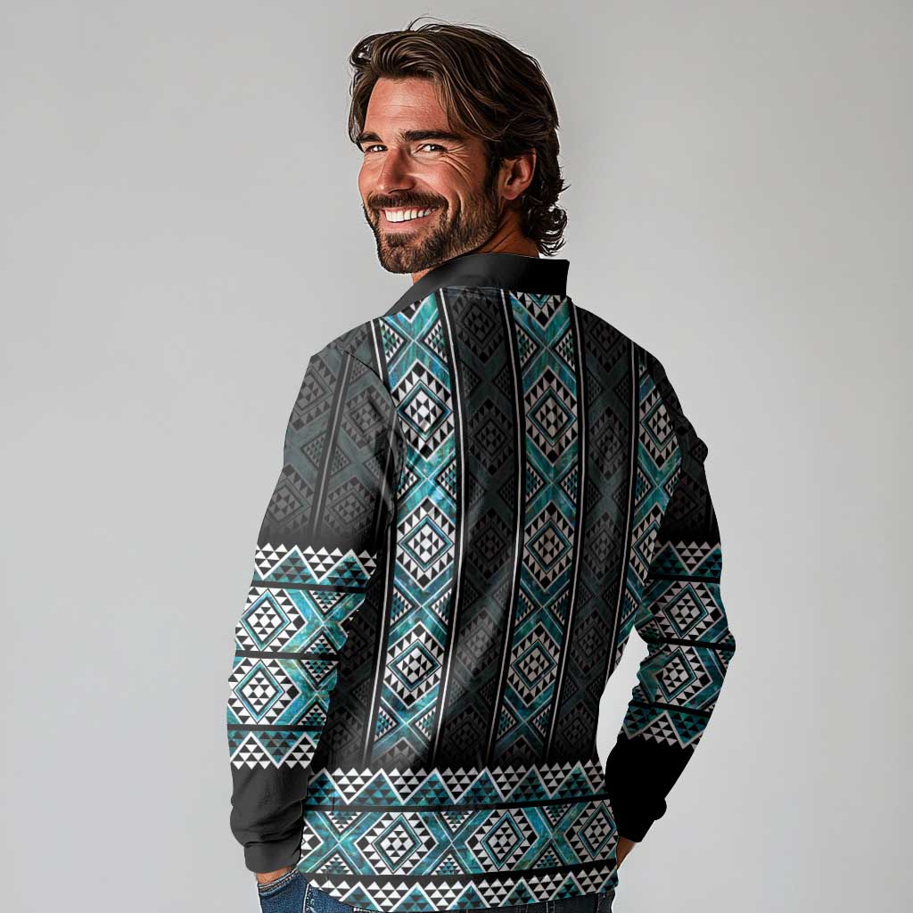 Paua Shell Taniko Pattern Aotearoa Long Sleeve Polo Shirt Niho Taniwha Mix Poutama LT14 - Polynesian Pride