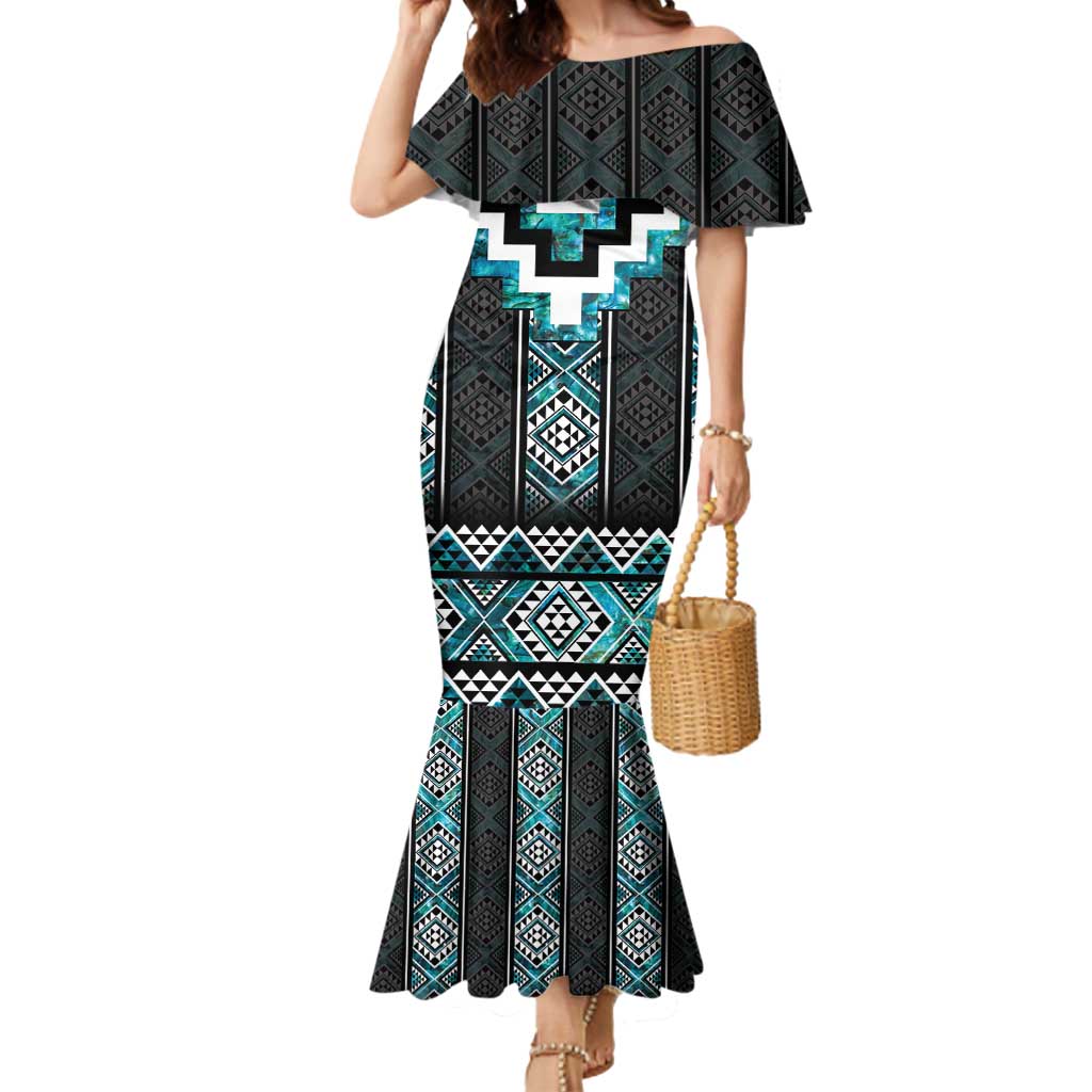 Paua Shell Taniko Pattern Aotearoa Mermaid Dress Niho Taniwha Mix Poutama LT14 Women Turquoise - Polynesian Pride
