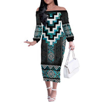Paua Shell Taniko Pattern Aotearoa Off The Shoulder Long Sleeve Dress Niho Taniwha Mix Poutama LT14 Women Turquoise - Polynesian Pride