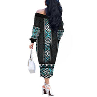 Paua Shell Taniko Pattern Aotearoa Off The Shoulder Long Sleeve Dress Niho Taniwha Mix Poutama LT14 - Polynesian Pride
