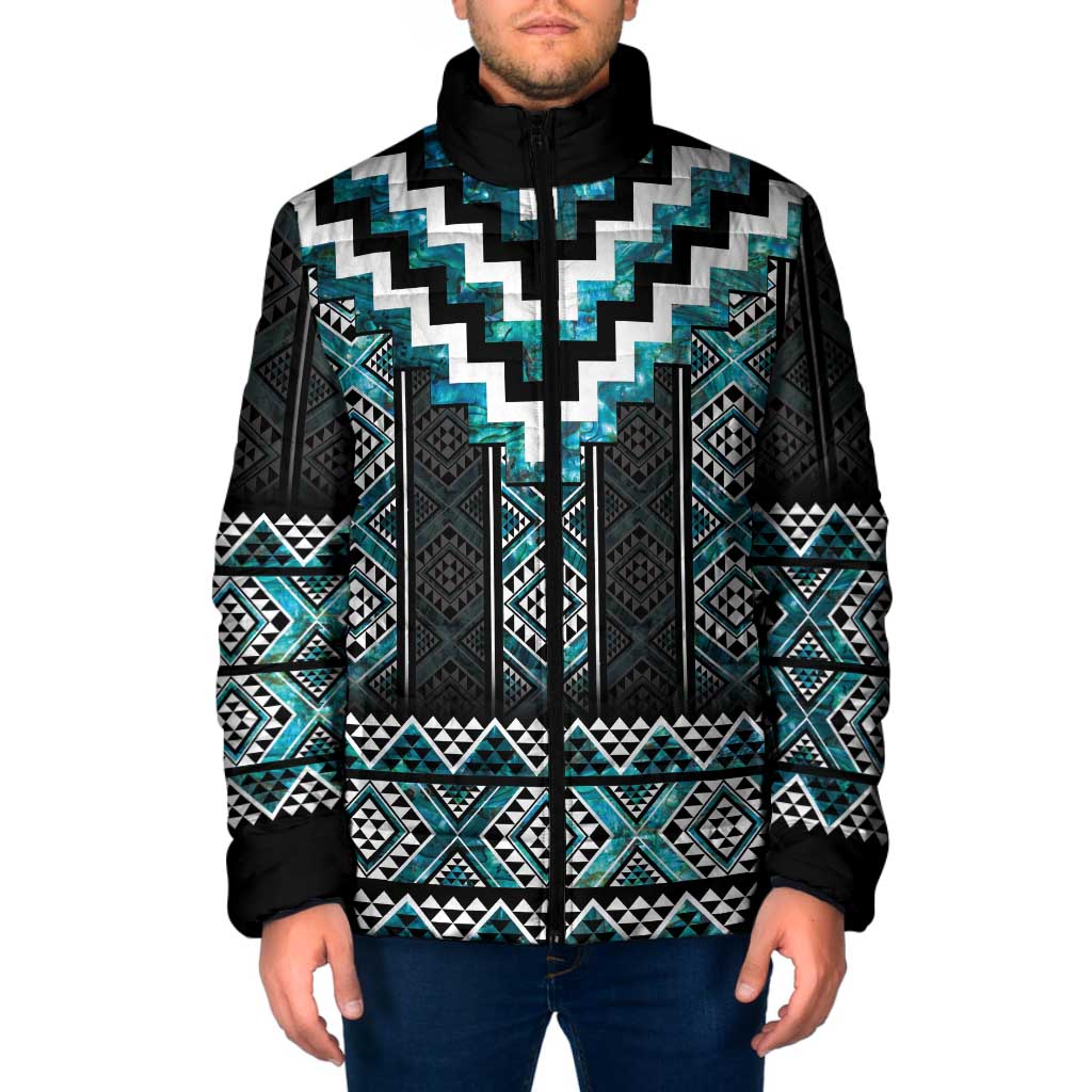 Paua Shell Taniko Pattern Aotearoa Padded Jacket Niho Taniwha Mix Poutama LT14 Men Turquoise - Polynesian Pride