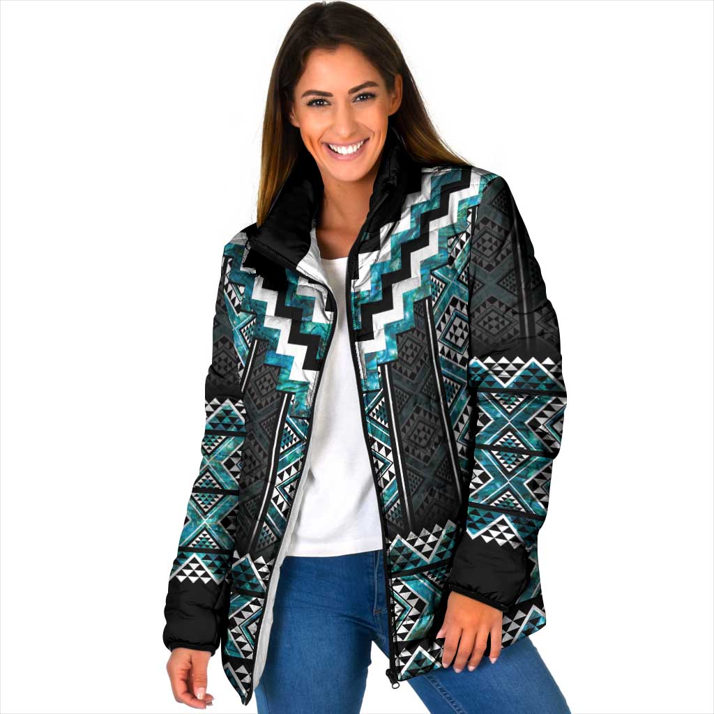 Paua Shell Taniko Pattern Aotearoa Padded Jacket Niho Taniwha Mix Poutama LT14 Women Turquoise - Polynesian Pride