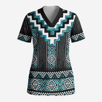 Paua Shell Taniko Pattern Aotearoa Scrub Top Niho Taniwha Mix Poutama LT14 Adult Turquoise - Polynesian Pride