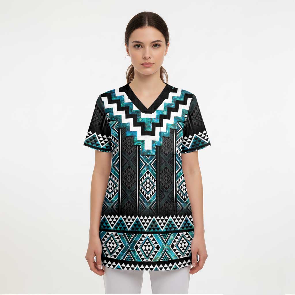 Paua Shell Taniko Pattern Aotearoa Scrub Top Niho Taniwha Mix Poutama LT14 - Polynesian Pride