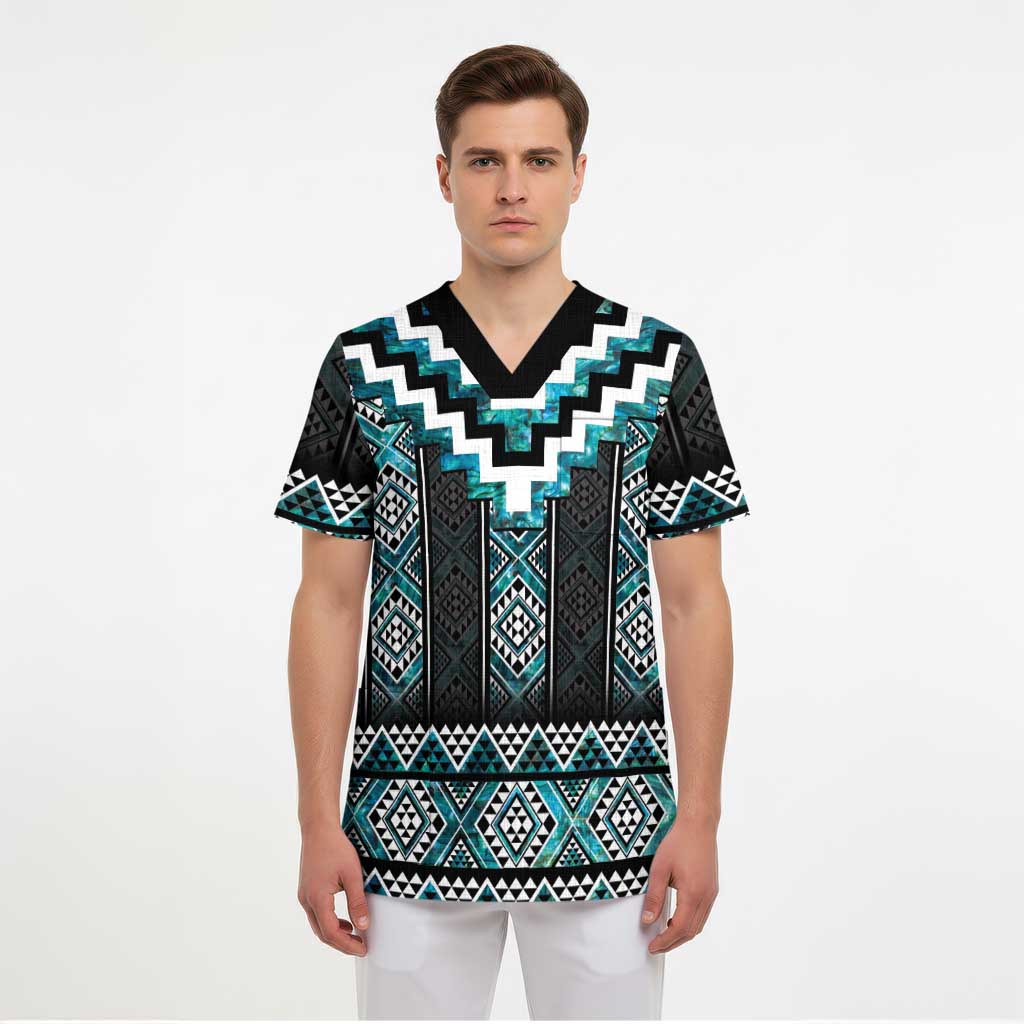 Paua Shell Taniko Pattern Aotearoa Scrub Top Niho Taniwha Mix Poutama LT14 - Polynesian Pride