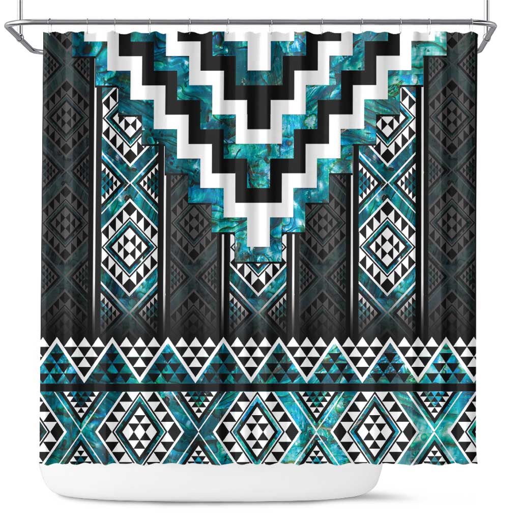 Paua Shell Taniko Pattern Aotearoa Shower Curtain Niho Taniwha Mix Poutama LT14 Turquoise - Polynesian Pride