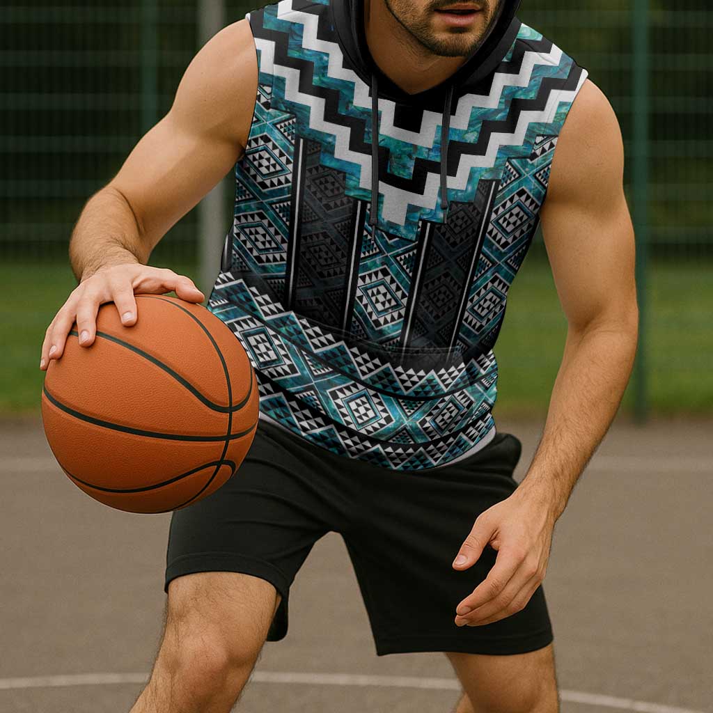 Paua Shell Taniko Pattern Aotearoa Sleeveless Hoodie Niho Taniwha Mix Poutama LT14 - Polynesian Pride