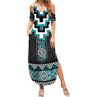 Paua Shell Taniko Pattern Aotearoa Summer Maxi Dress Niho Taniwha Mix Poutama LT14 Women Turquoise - Polynesian Pride