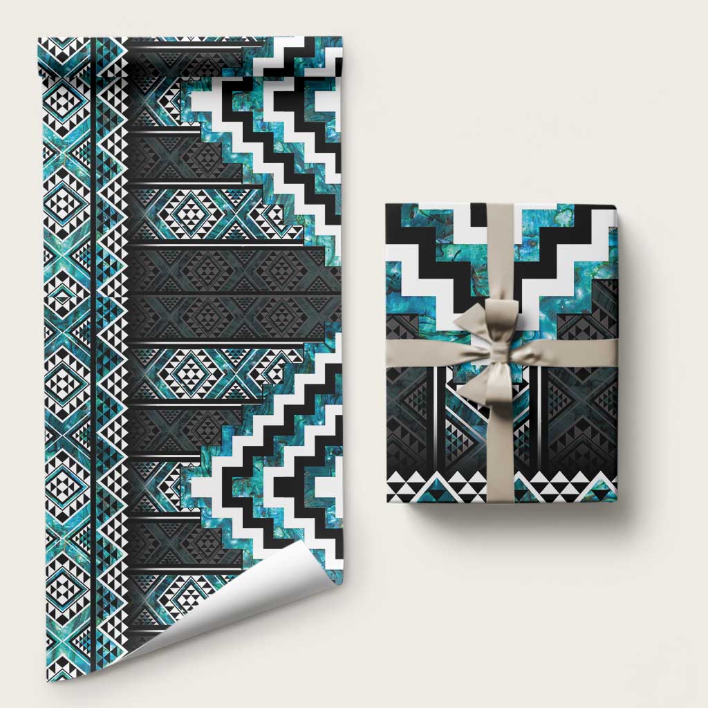 Paua Shell Taniko Pattern Aotearoa Wrapping Paper Niho Taniwha Mix Poutama LT14 58" × 23" Turquoise - Polynesian Pride