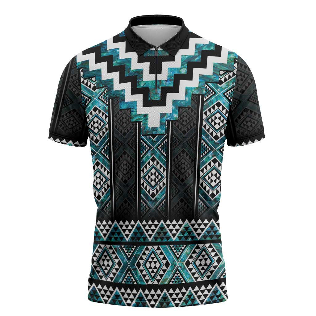Paua Shell Taniko Pattern Aotearoa Zipper Polo Shirt Niho Taniwha Mix Poutama LT14 Turquoise - Polynesian Pride
