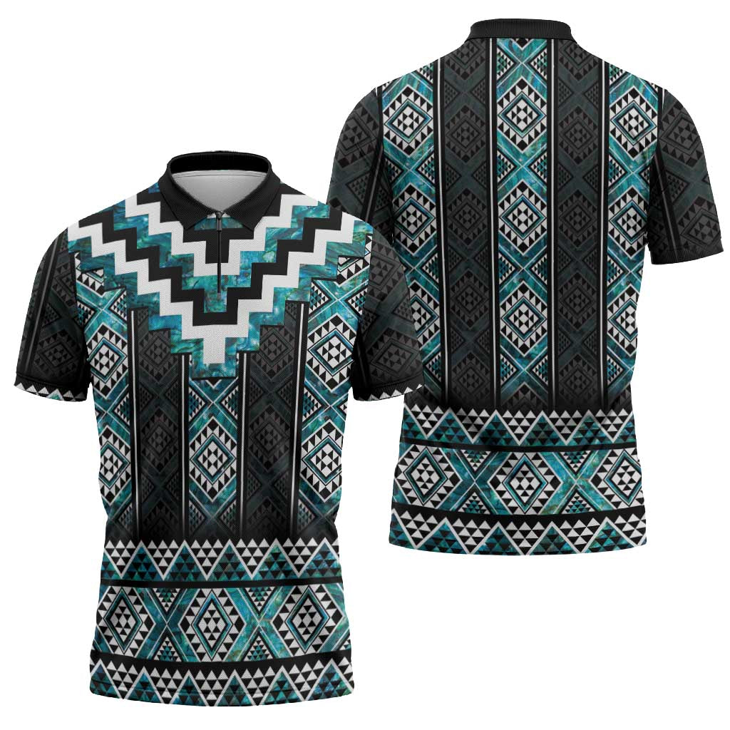 Paua Shell Taniko Pattern Aotearoa Zipper Polo Shirt Niho Taniwha Mix Poutama LT14 - Polynesian Pride