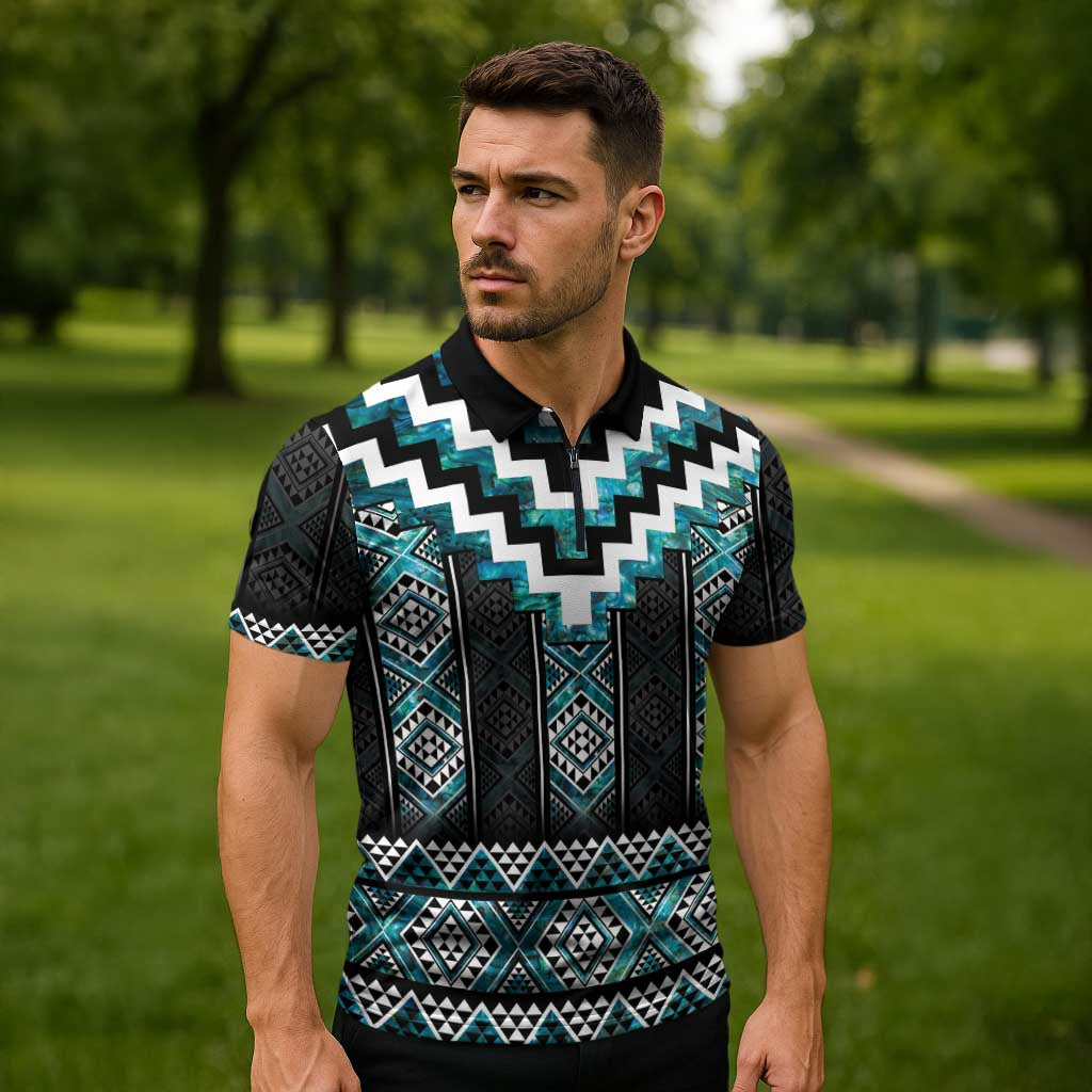 Paua Shell Taniko Pattern Aotearoa Zipper Polo Shirt Niho Taniwha Mix Poutama LT14 - Polynesian Pride