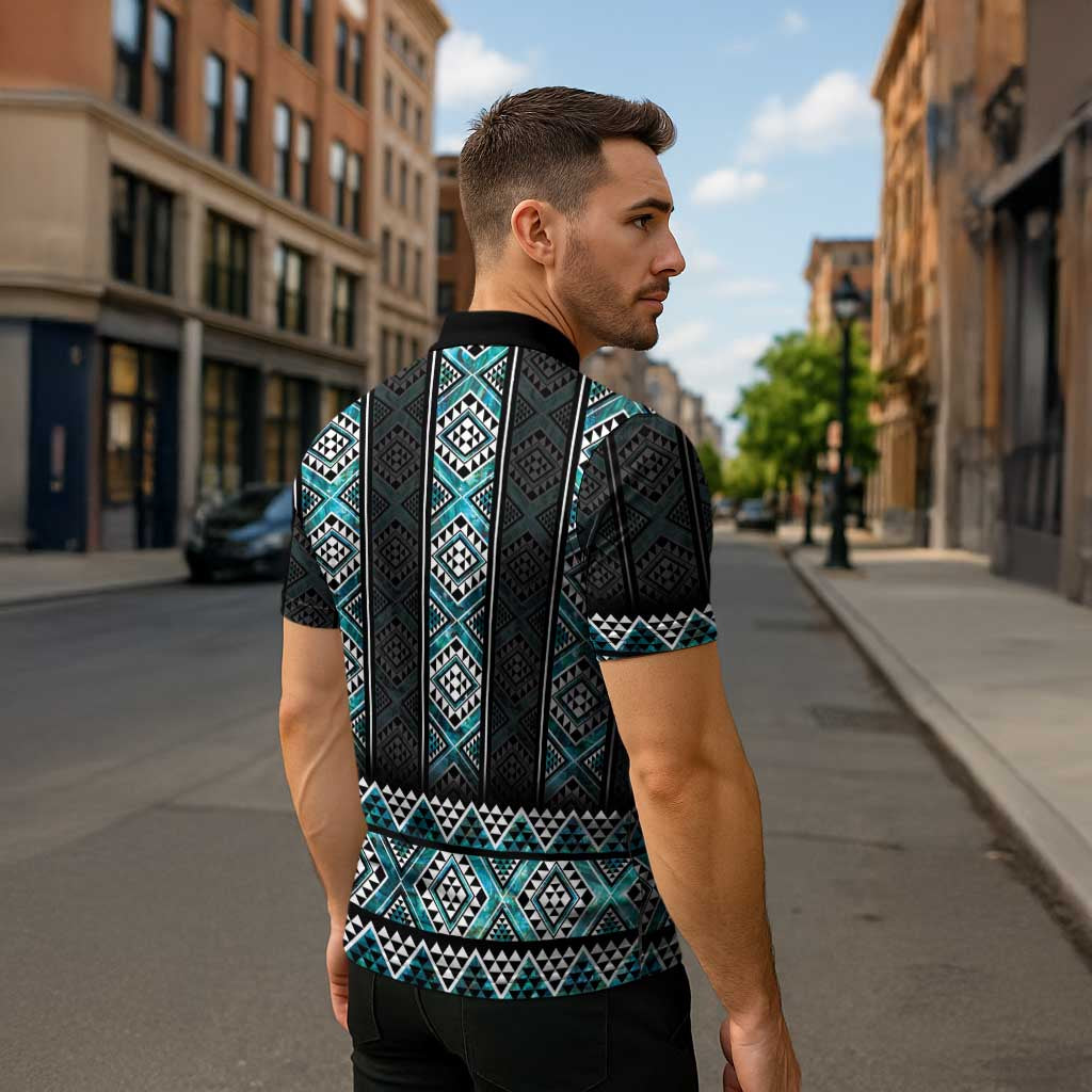 Paua Shell Taniko Pattern Aotearoa Zipper Polo Shirt Niho Taniwha Mix Poutama LT14 - Polynesian Pride