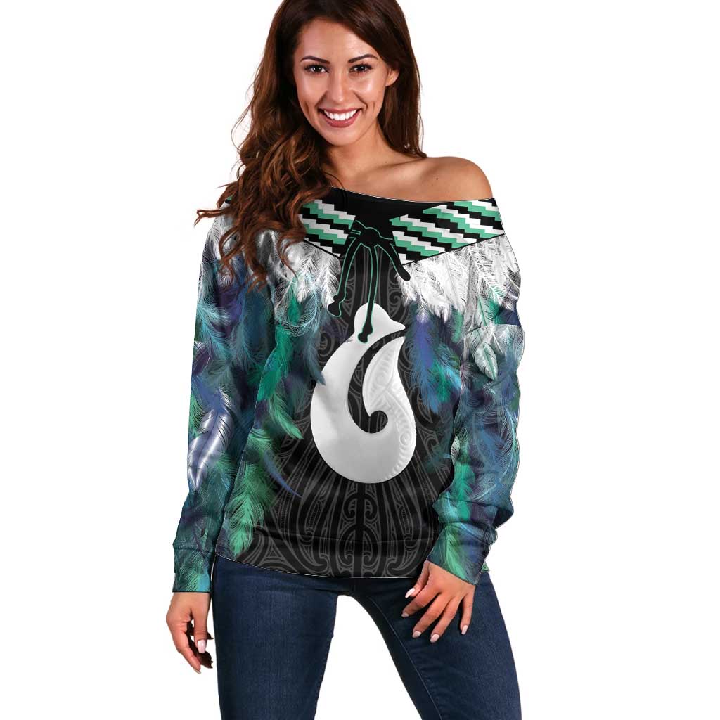 Aotearoa Korowai Motif Off Shoulder Sweater Hei Matau Poutama Maori Pattern LT14 Women Turquoise - Polynesian Pride