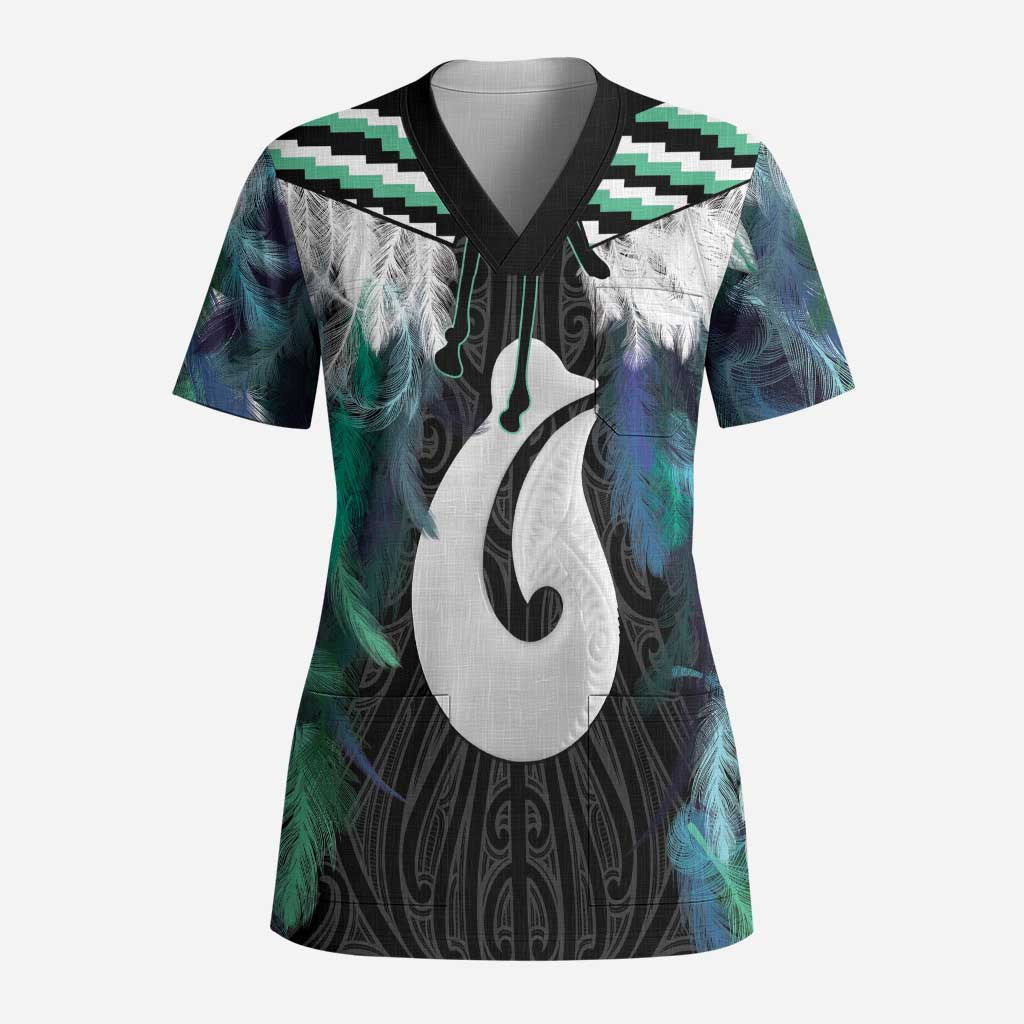Aotearoa Korowai Motif Scrub Top Hei Matau Poutama Maori Pattern LT14 Adult Turquoise - Polynesian Pride