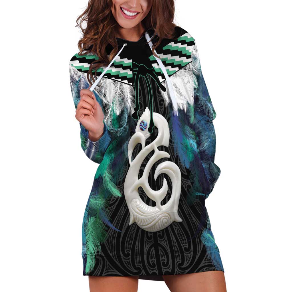 Aotearoa Korowai Motif Hoodie Dress Hei Manaia Poutama Maori Pattern LT14 Turquoise - Polynesian Pride