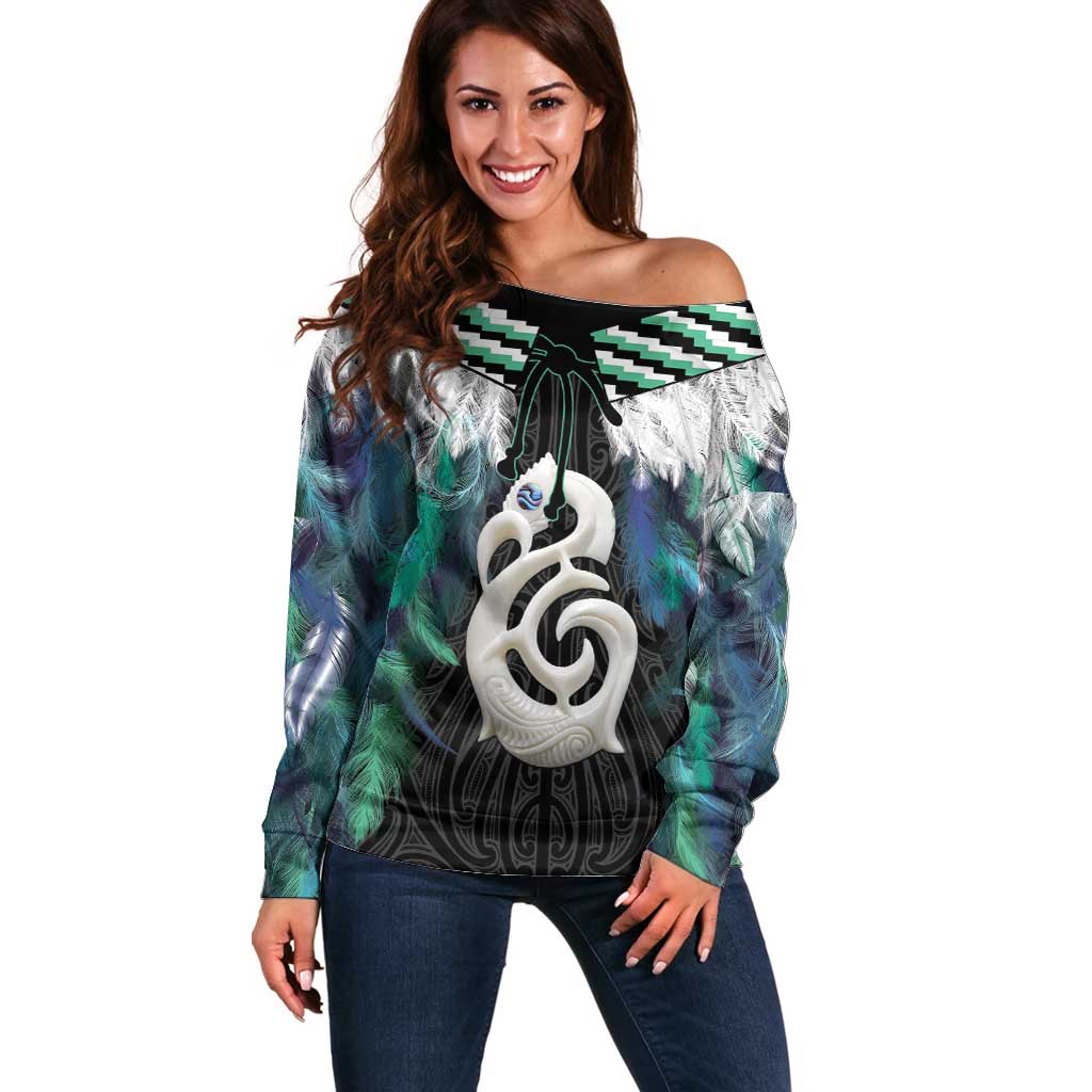Aotearoa Korowai Motif Off Shoulder Sweater Hei Manaia Poutama Maori Pattern LT14 Women Turquoise - Polynesian Pride