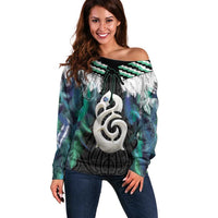Aotearoa Korowai Motif Off Shoulder Sweater Hei Manaia Poutama Maori Pattern LT14 Women Turquoise - Polynesian Pride