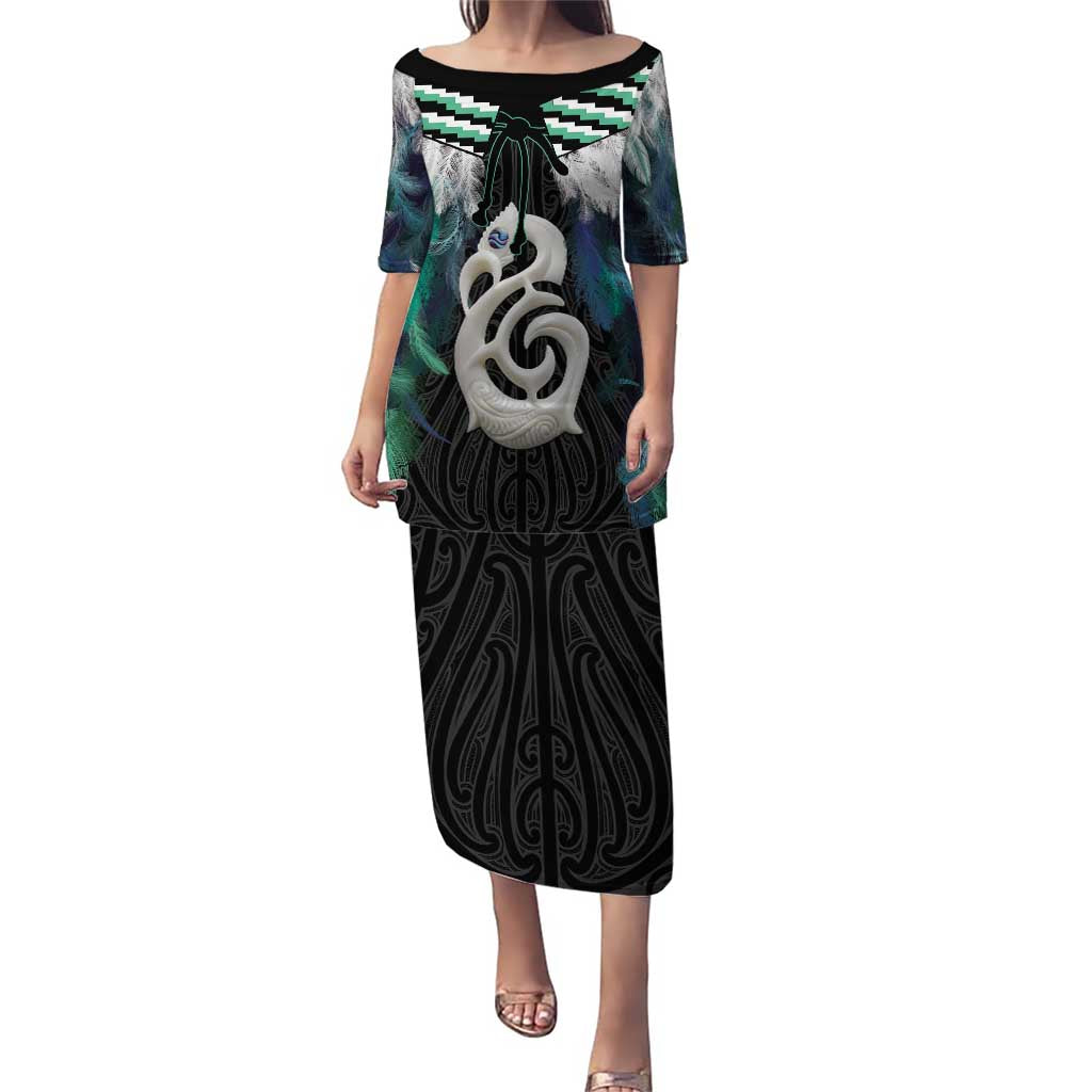 Aotearoa Korowai Motif Puletasi Hei Manaia Poutama Maori Pattern LT14 Long Dress Turquoise - Polynesian Pride