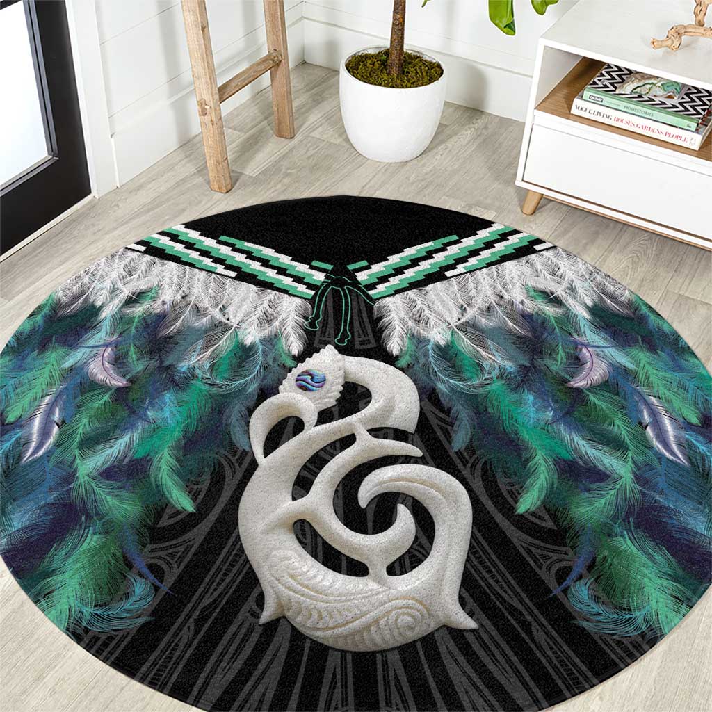 Aotearoa Korowai Motif Round Carpet Hei Manaia Poutama Maori Pattern LT14 Turquoise - Polynesian Pride