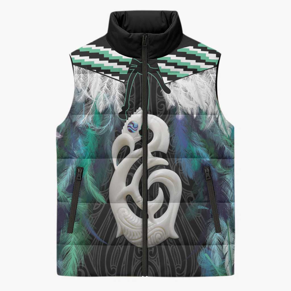Aotearoa Korowai Motif Sleeveless Puffer Jacket Hei Manaia Poutama Maori Pattern LT14 Unisex Turquoise - Polynesian Pride