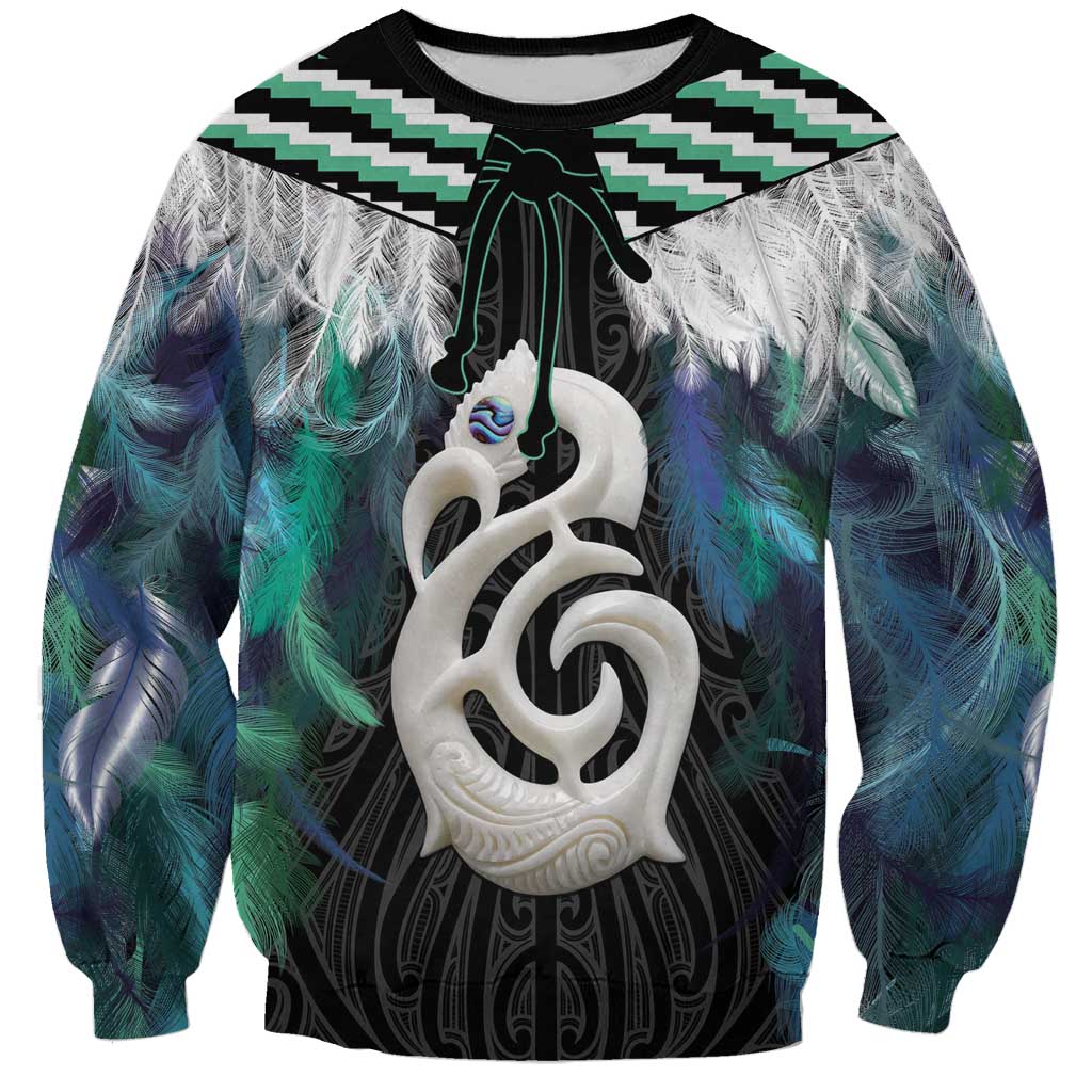 Aotearoa Korowai Motif Sweatshirt Hei Manaia Poutama Maori Pattern LT14 Unisex Turquoise - Polynesian Pride