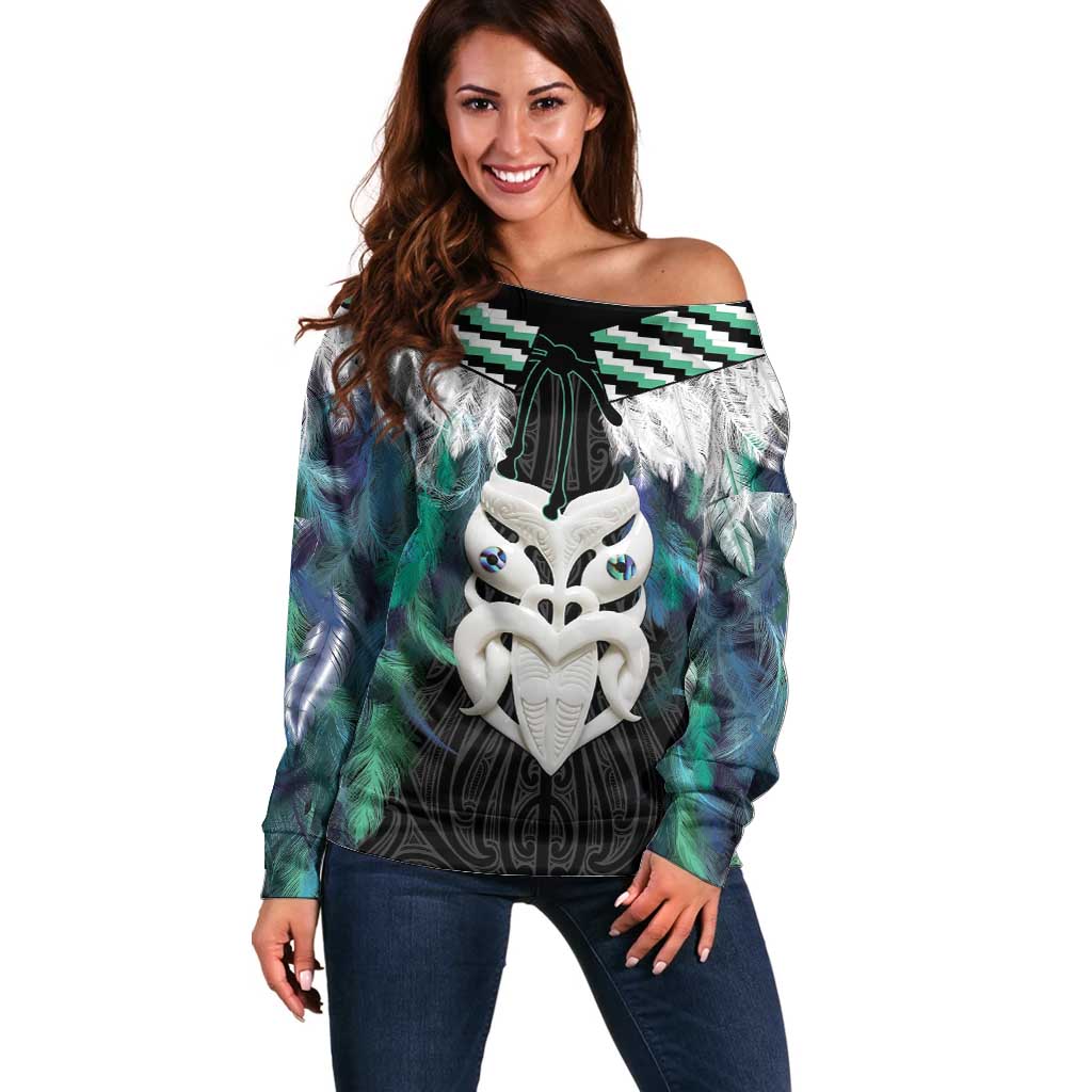 Aotearoa Korowai Motif Off Shoulder Sweater Maori Wheku Poutama LT14 Women Turquoise - Polynesian Pride