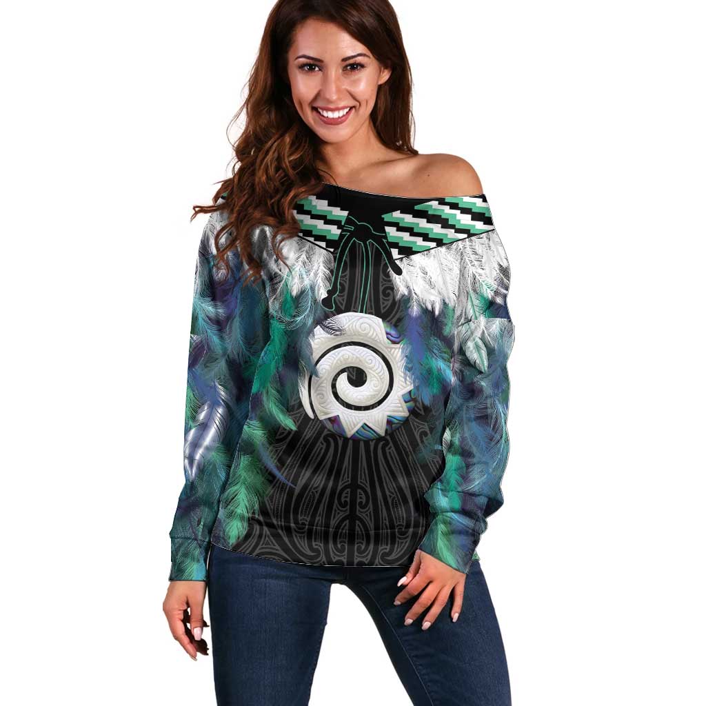 Aotearoa Korowai Motif Off Shoulder Sweater Maori Koru Poutama LT14 Women Turquoise - Polynesian Pride