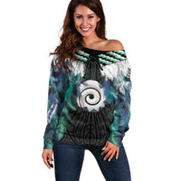 Aotearoa Korowai Motif Off Shoulder Sweater Maori Koru Poutama LT14 Women Turquoise - Polynesian Pride