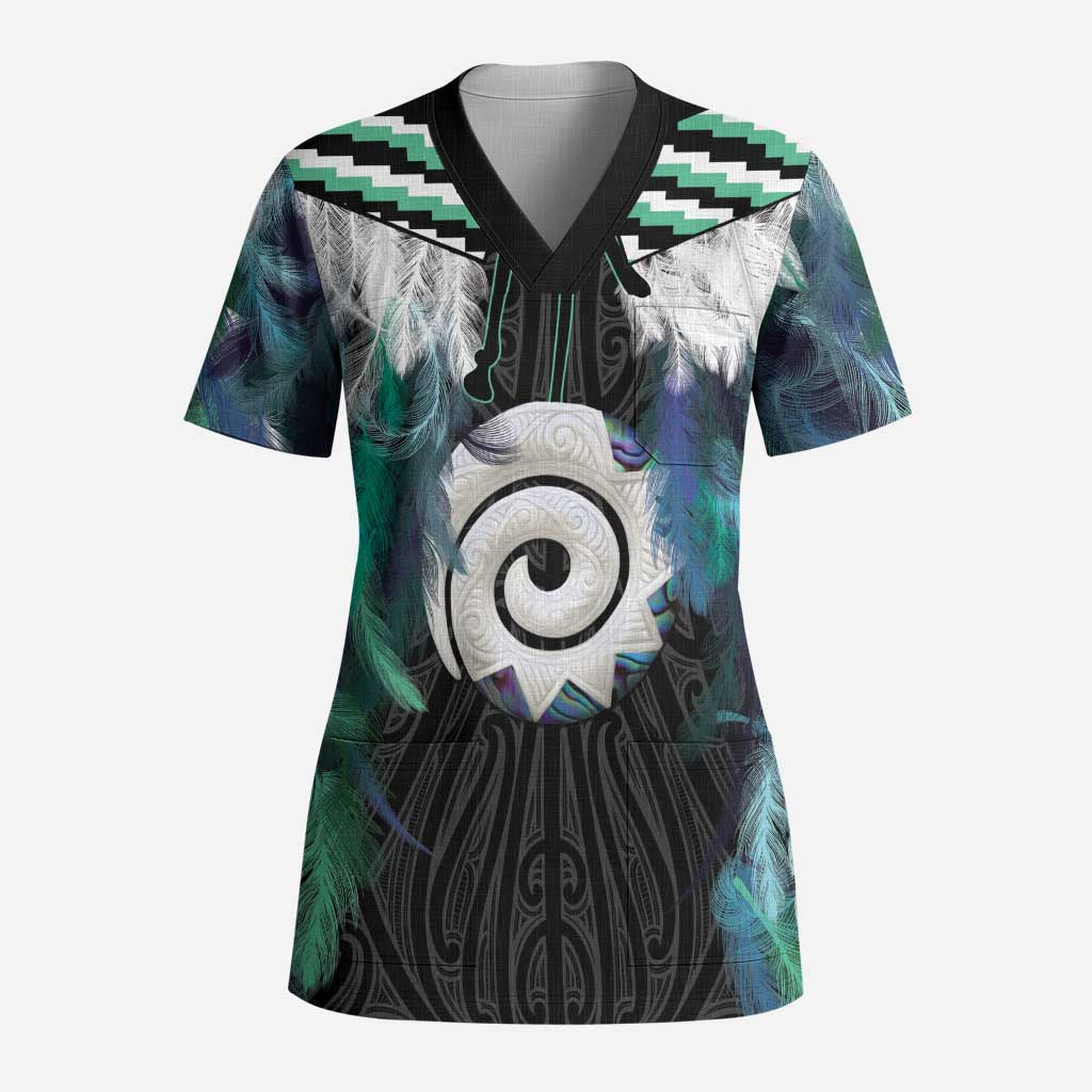 Aotearoa Korowai Motif Scrub Top Maori Koru Poutama LT14 Adult Turquoise - Polynesian Pride