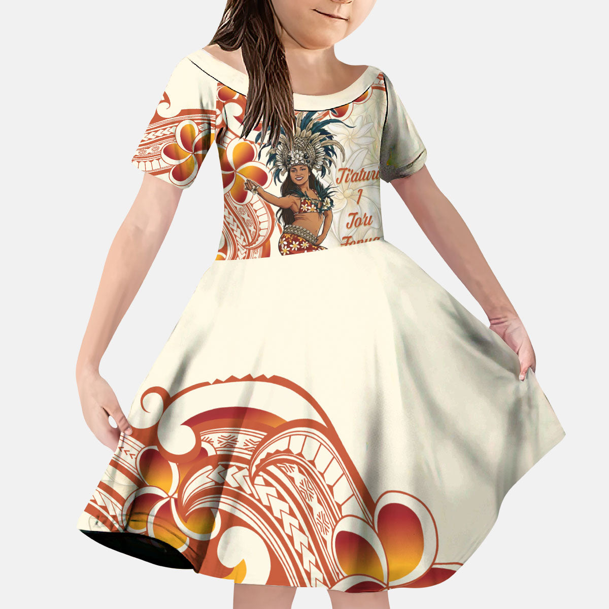 Heiva i Tahiti Kid Short Sleeve Dress Ori Tahitian Dance Tiare Maori LT14 KID Beige - Polynesian Pride