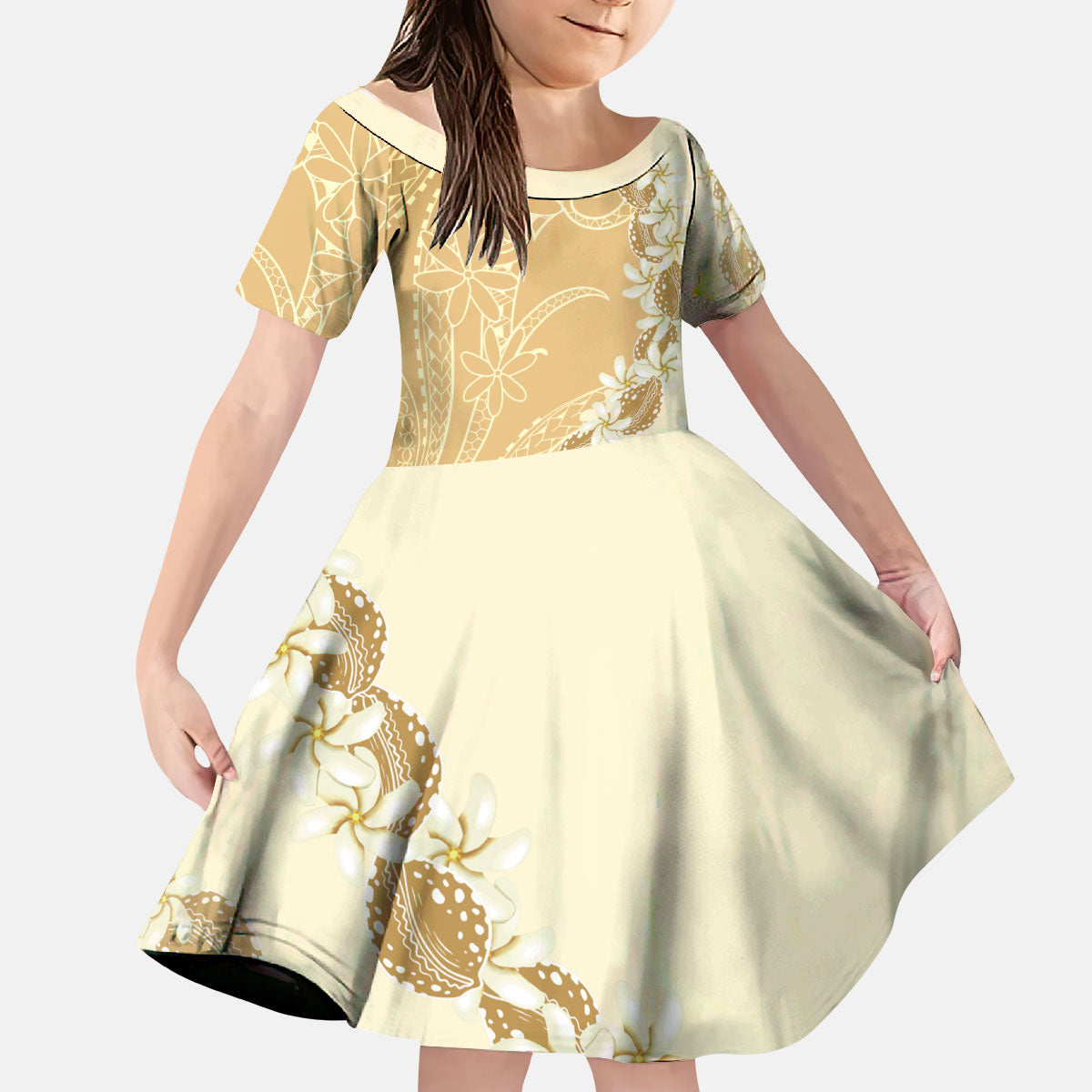 Heiva i Tahiti Kid Short Sleeve Dress Tahitian Tiare Maori Cowrie Lei Brown LT14 KID Brown - Polynesian Pride