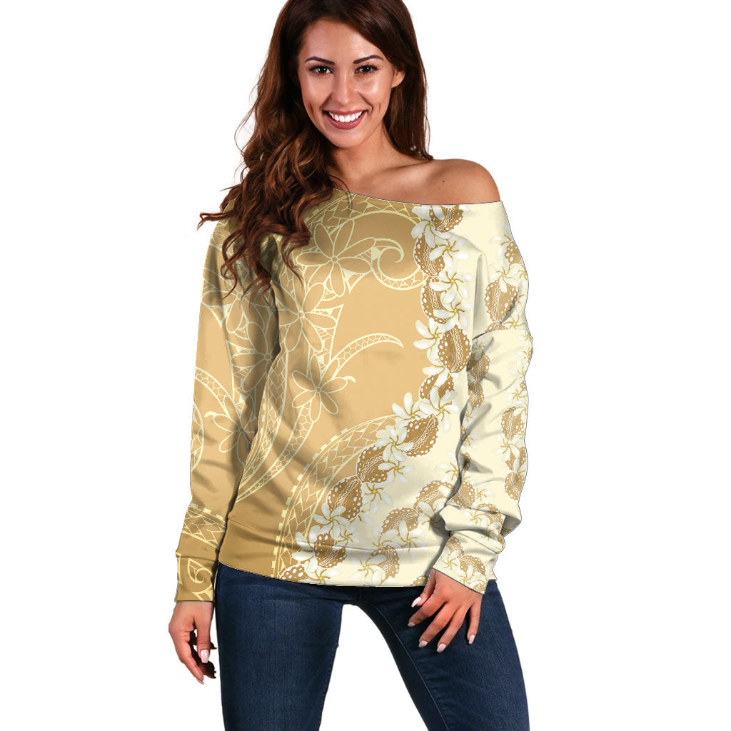 Heiva i Tahiti Off Shoulder Sweater Tahitian Tiare Maori Cowrie Lei Brown LT14 Women Brown - Polynesian Pride