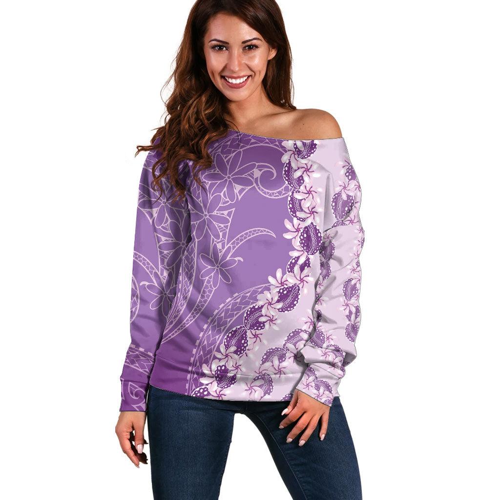 Heiva i Tahiti Off Shoulder Sweater Tahitian Tiare Maori Cowrie Lei Purple LT14 Women Purple - Polynesian Pride