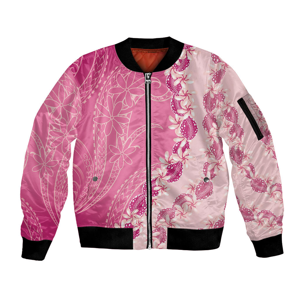 Heiva i Tahiti Sleeve Zip Bomber Jacket Tahitian Tiare Maori Cowrie Lei Pink LT14 Unisex Pink - Polynesian Pride