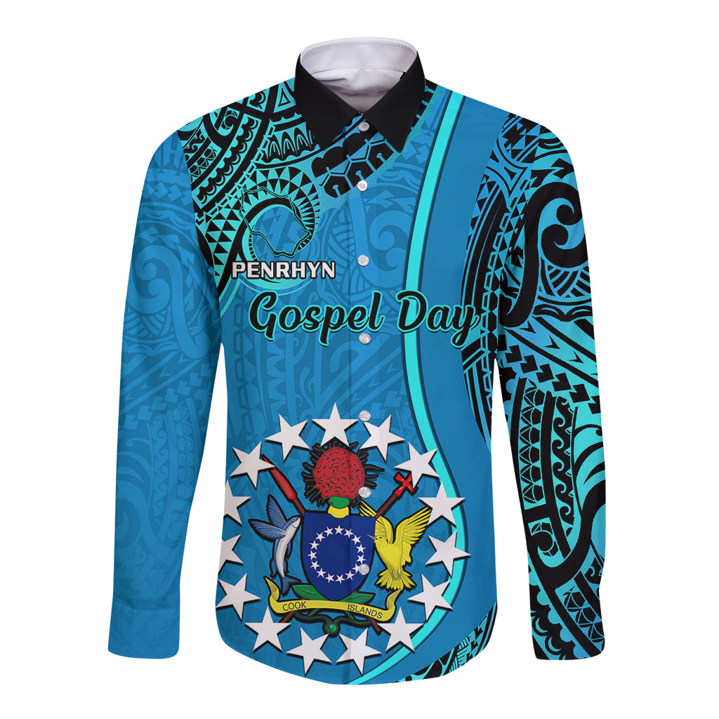 Personalised 13 March Penrhyn Island Gospel Day Long Sleeve Button Shirt Cook Islands Tribal Pattern LT14 Unisex Blue - Polynesian Pride