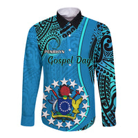 Personalised 13 March Penrhyn Island Gospel Day Long Sleeve Button Shirt Cook Islands Tribal Pattern LT14 Unisex Blue - Polynesian Pride