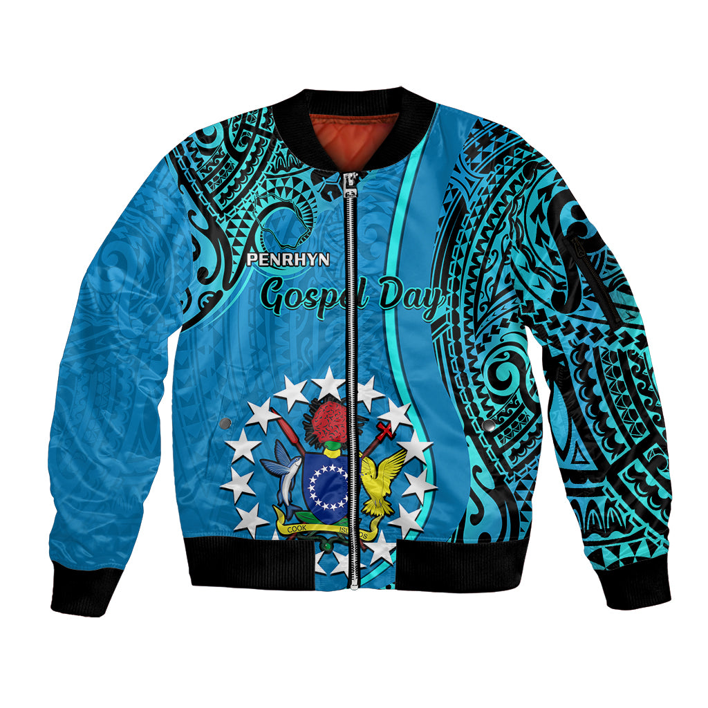 Personalised 13 March Penrhyn Island Gospel Day Sleeve Zip Bomber Jacket Cook Islands Tribal Pattern LT14 Unisex Blue - Polynesian Pride